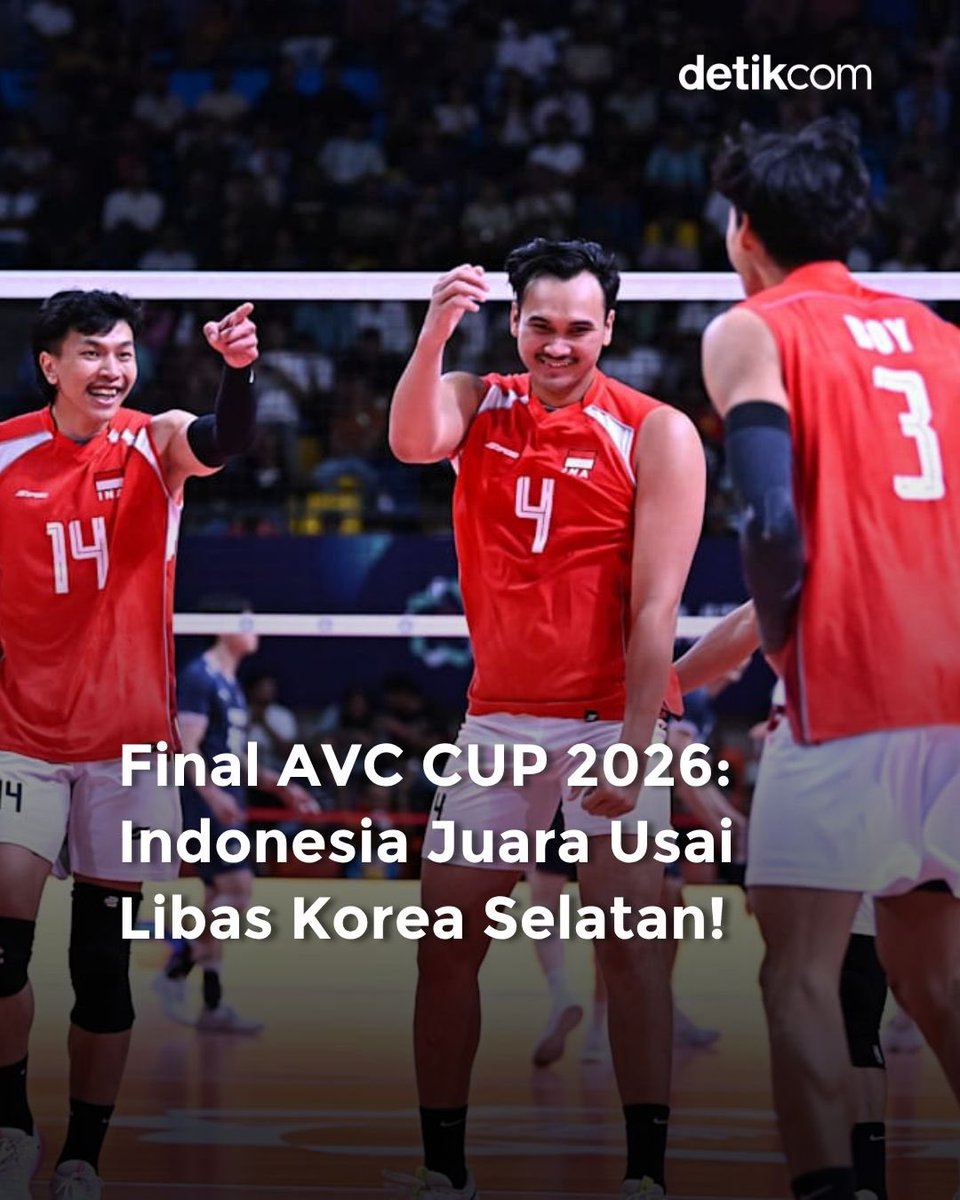 detiksport's tweet photo. Indonesia sukses mencetak sejarah dengan menjuarai AVC Cup 2026 usai mengalahkan Korea Selatan tiga set langsung di partai final.

Tampil dominan sejak awal laga, Indonesia tak memberi banyak ruang bagi Korea Selatan untuk bangkit hingga memastikan gelar juara Asia. 

Prestasi ini menjadi salah satu pencapaian terbesar tim voli putra Indonesia di level internasional.

Selamat untuk Timnas Voli Indonesia!

#detiksport #AVCCup2026 #Indonesia #KoreaSelatan