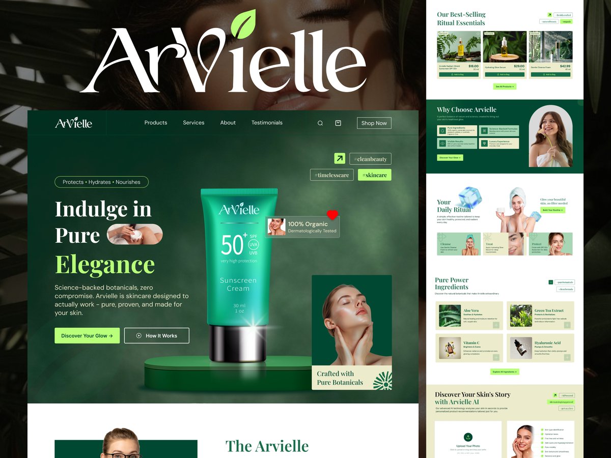 MAHEBE94's tweet photo. Worked on a organic skincare website UI for Arvielle - a clean beauty brand where nature meets science. 

Would love your thoughts👇

Full shot on Dribbble: https://t.co/AQpVm4QvbT

#UIDesign #WebDesign #Dribbble https://t.co/SbSm7aWXhL