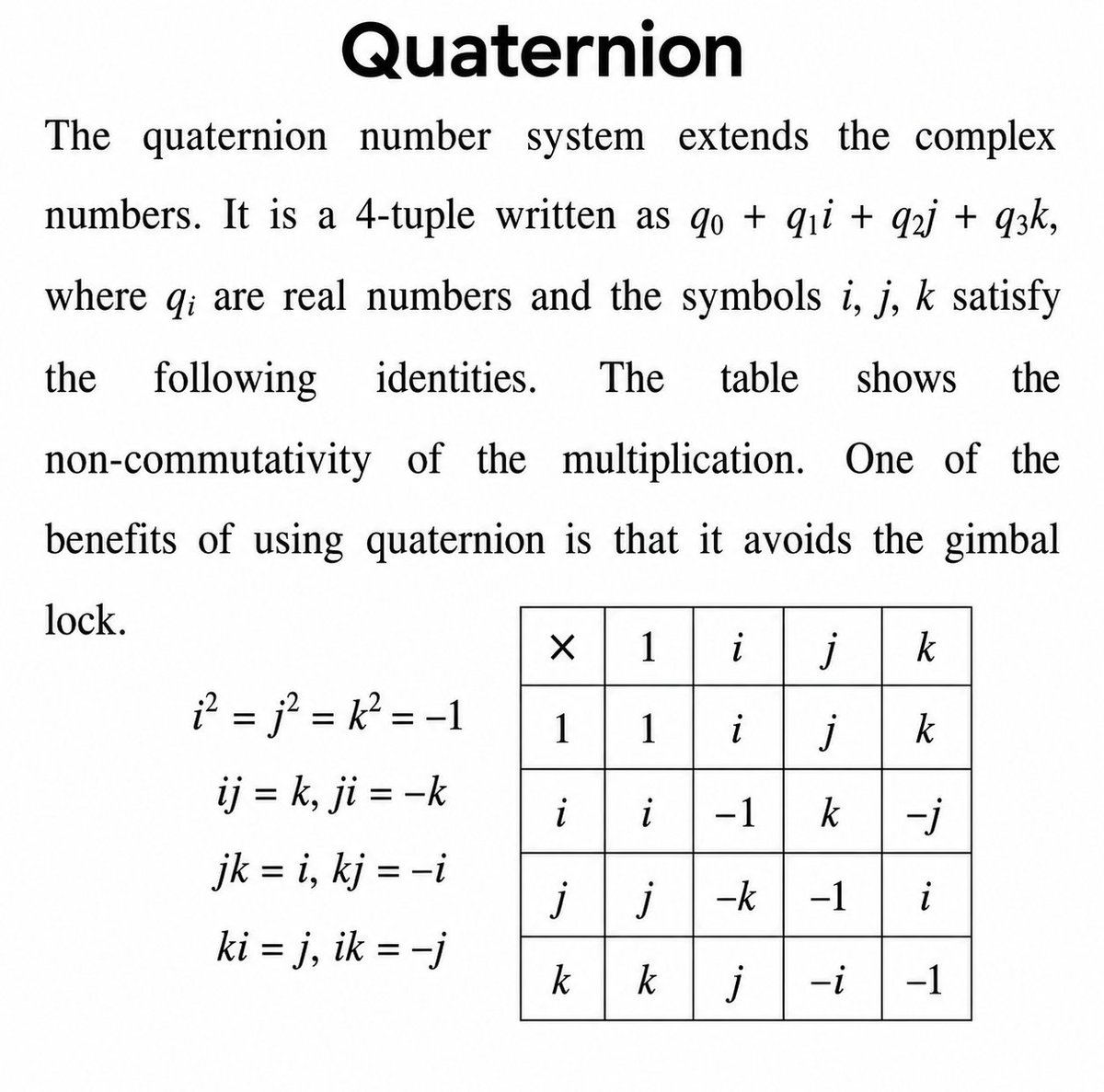 mathemetica's tweet photo. Quaternions extend complex numbers into four dimensions as q₀ + q₁i + q₂j + q₃k. 

They follow i² = j² = k² = −1, ij = k and ji = −k, jk = i and kj = −i, ki = j and ik = −j. 
The table displays the complete multiplication outcomes to show non-commutativity. 

Quaternions are used in computer graphics and robotics to handle 3D rotations without gimbal lock.