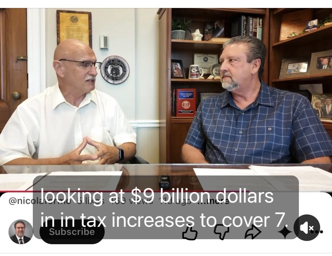MoSenDems's tweet photo. Republican State Senator Joe Nicola and Ray McCarty, president of the Associated Industries of Missouri, the state’s oldest, premier business association, are up with a new video explaining Jon Patterson’s Everything Tax in Amendment 5:

“We’re looking at $9 billion in tax INCREASES to cover $7.8 billion in tax cuts, that math doesn’t work.”