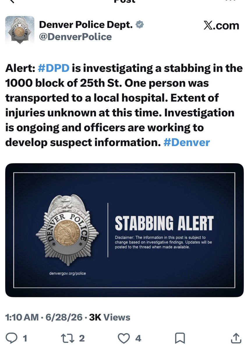 dobetterdnvr's tweet photo. 🚨 9-Hour Violent Recap in Denver 🚨

Another rough day in the Mile High City.

•  1:10 AM 🔪 Stabbing – Ogden St & 25th Ave
•  2:26 AM 🔫 Shooting – 17th & Wazee (LoDo) 2 victims. Neighbors report hearing 15-20 shots fired.
•  9:00 AM 🔫 Shooting – 19th & Little Raven
3 incidents. 4 victims. All in under 9 hours.
#VisitDenver #Denver