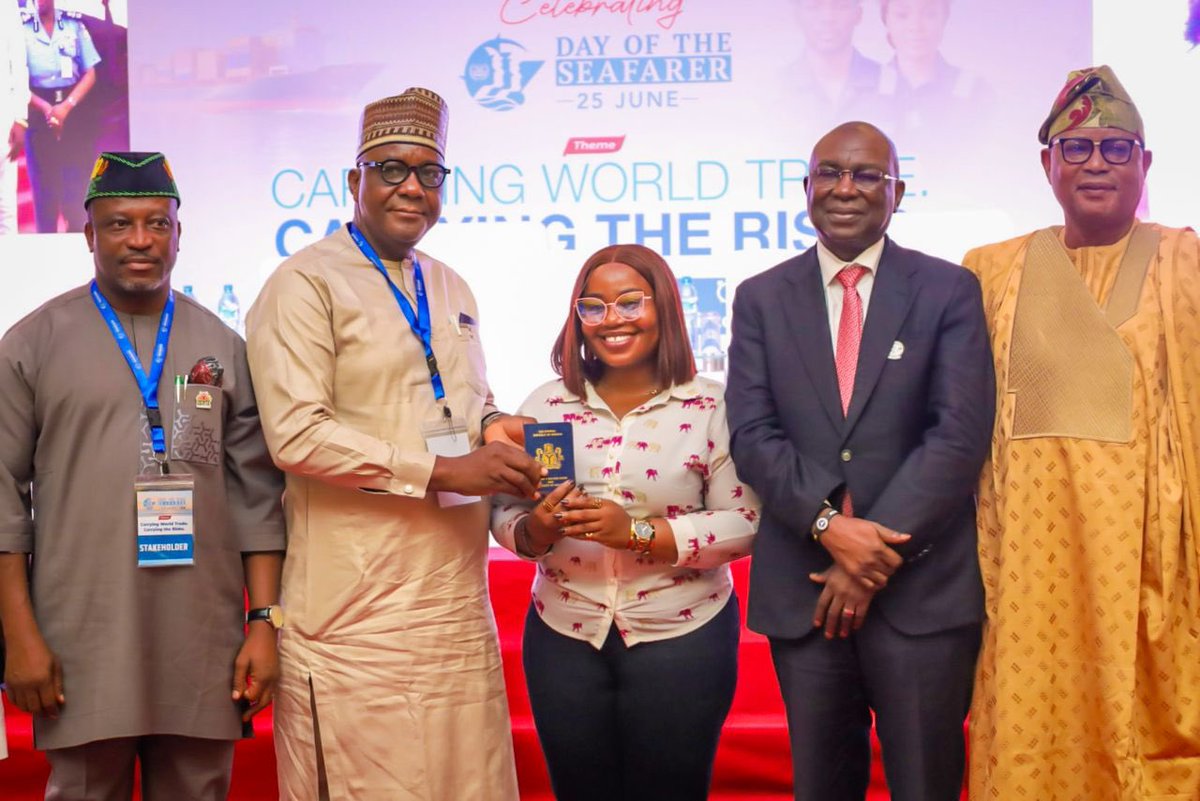 nimasaofficial's tweet photo. L-R: Deputy Chairman, House of Representatives Committee on Maritime Safety, Education and Administration, Hon. Uduak Odudoh; Director, Maritime safety and security, Federal Ministry of Marine and Blue Economy, Mr. Makoji Musa; representing the Honourable Minister; a Female Seafarer displaying the Seafarers Discharge Book; Director General, Nigerian Maritime Administration and Safety Agency, NIMASA, @MobereolaD Chairman, Senate Committee on Marine Transport; Senator Wasiu Eshinlokun Sanni; during the celebration of 2026 Day of the Seafarers in Lagos, Nigeria.