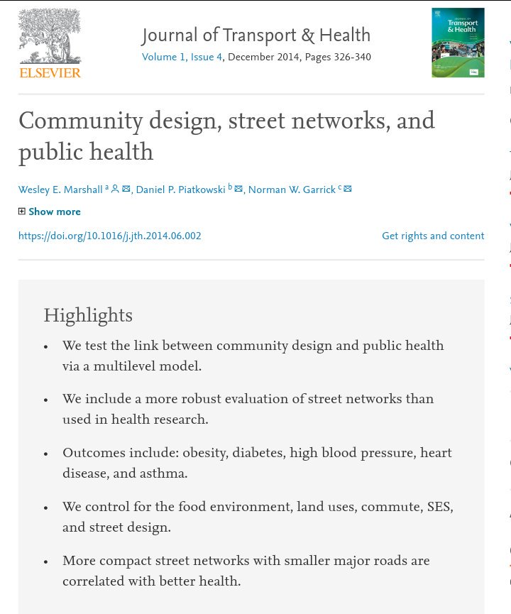 davidlois_uned's tweet photo. "Áreas urbanas compactas, con calles bien conectadas a pie, bicicleta y transporte público, y carreteras principales con pocos carriles de circulación se asocian con tasas reducidas de obesidad, diabetes, hipertensión y problemas cardíacos" https://t.co/fOkbCjDx5H