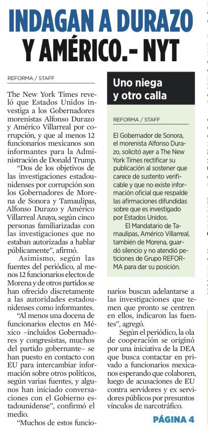 AdrianaDavilaF's tweet photo. Morena vuelve a dar la nota internacional. 

El NY Times confirma que EE.UU. investiga a Alfonso Durazo y Américo Villarreal. 

Además, 12 funcionarios mexicanos ya son informantes de la administración Trump. https://t.co/7qzTOishqX