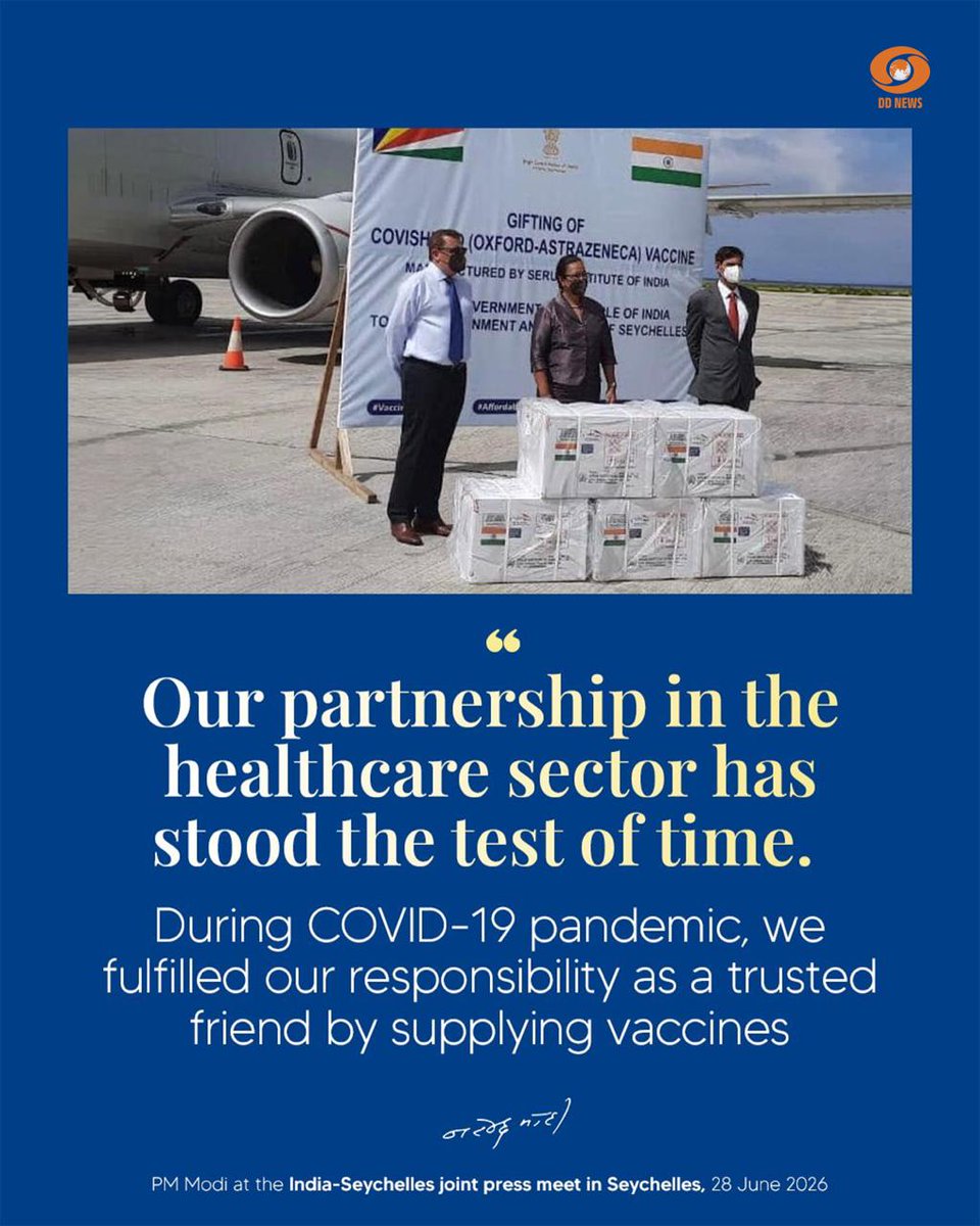 DDNewslive's tweet photo. Highlighting the enduring India-Seychelles partnership, Prime Minister @narendramodi said cooperation in the healthcare sector has stood the test of time. He recalled that during the COVID-19 pandemic, India fulfilled its responsibility as a trusted friend by supplying vaccines, reaffirming its commitment to standing by Seychelles in times of need.

#PMModiInSeychelles #IndiaSeychelles