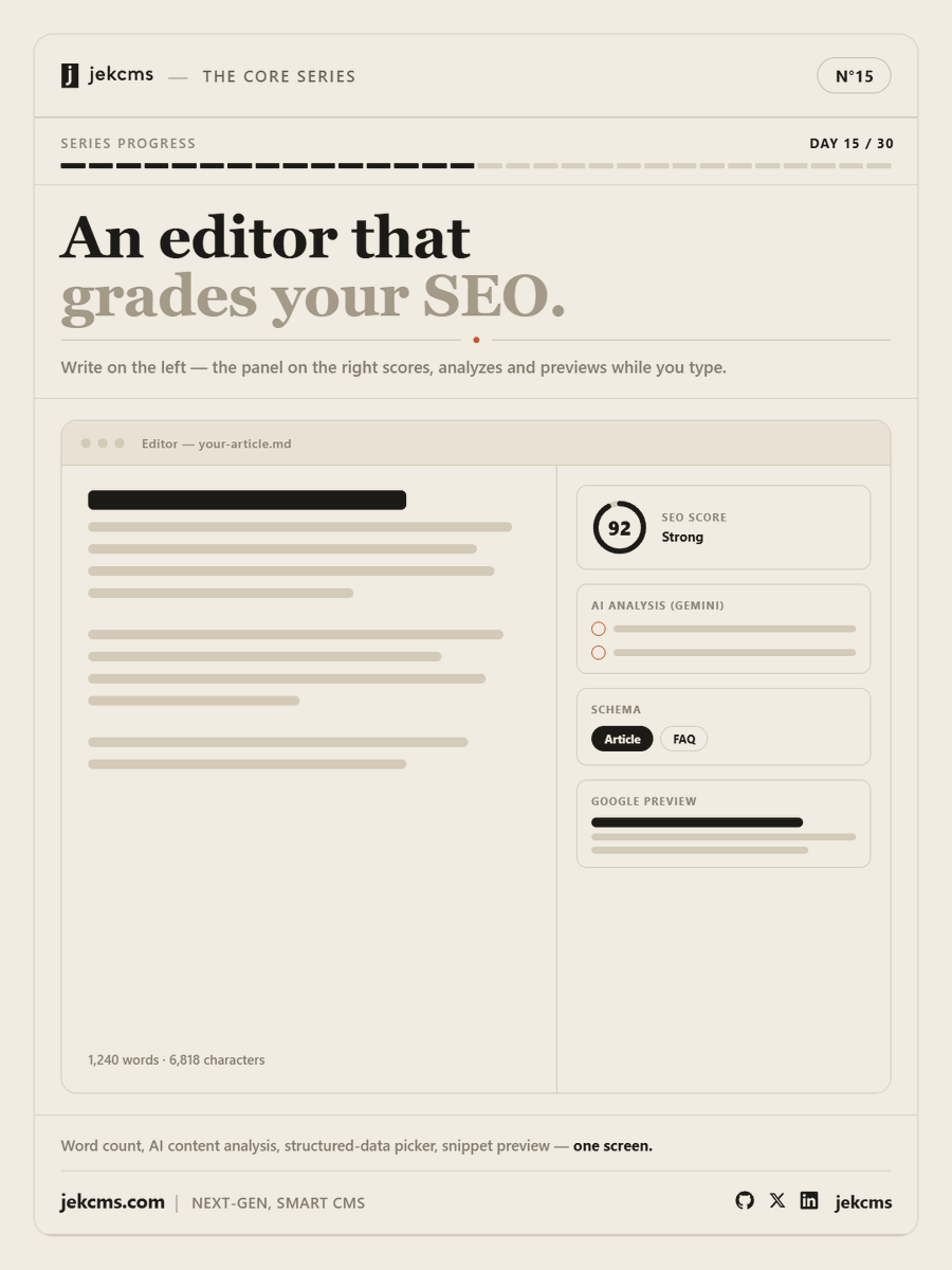 jekcms's tweet photo. Writing and optimizing usually live in different tools.

In jekcms they share one screen.

You write on the left.

On the right, a live panel scores your SEO and analyzes the content with Gemini AI.

Word and character counts update as you type.

A structured-data picker sits one click away.

A Google snippet preview shows exactly how the result will look.

Publish when the score says ready.

#seo #writing #cms

https://t.co/egDLugluNW