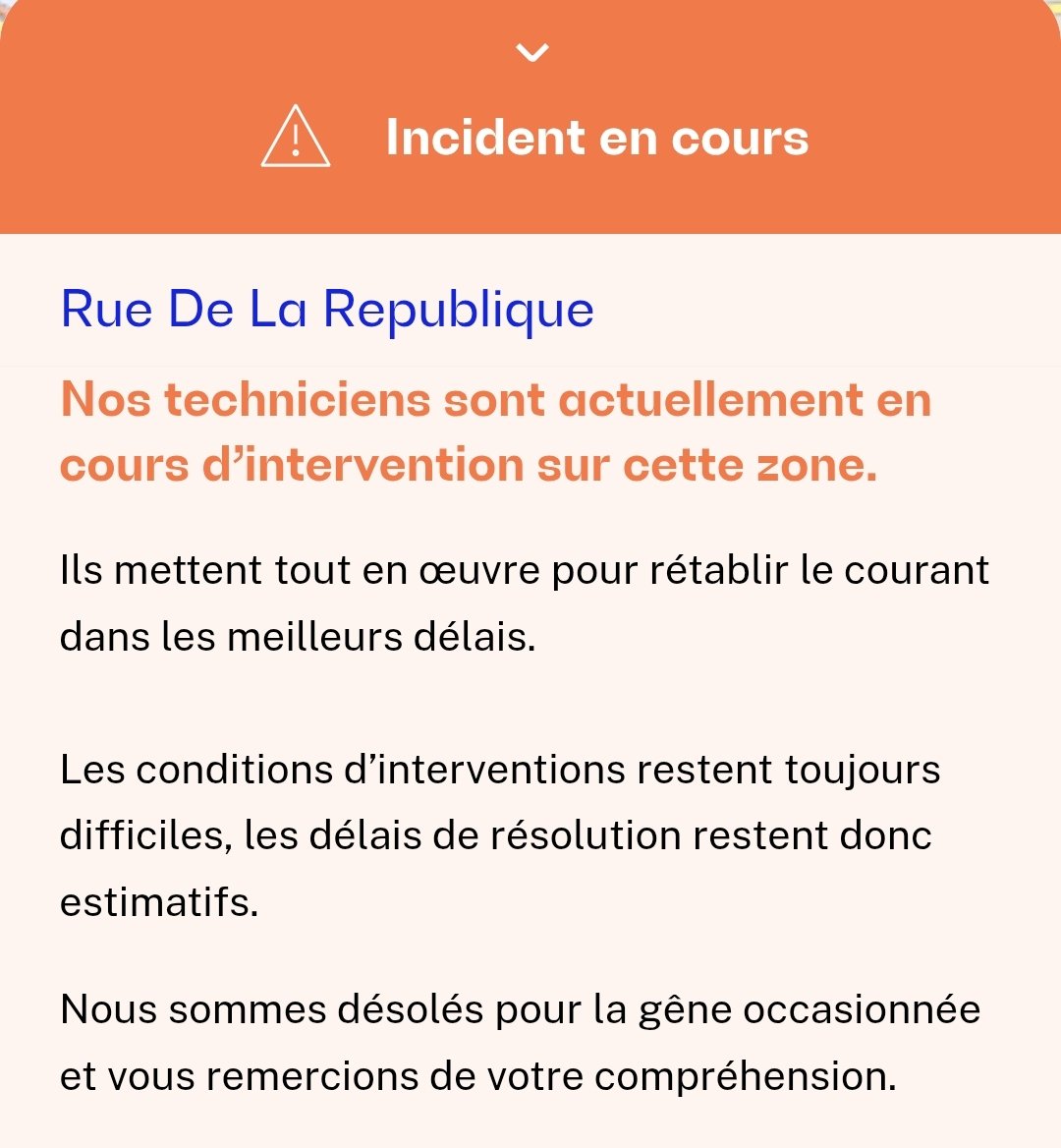 Deval1978's tweet photo. @Annecsim @patputeaux @enedis_clients @villedeputeaux Il est 18h37 et toujours rien... et sur leur site ils n'osent même plus annoncer une heure de rétablissement 😨
@enedis @villedeputeaux
#coupure #panne #puteaux https://t.co/XT38fAgXhD