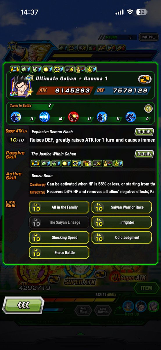 MarquezDokkan's tweet photo. @fwghosts_ Also I’m wondering how AGL Ulthan got one shotted by a normal in that video. I played this exact same fight yesterday and by the time I was 7 turns deep this is how much defense mine had https://t.co/fnf6PoOwnh