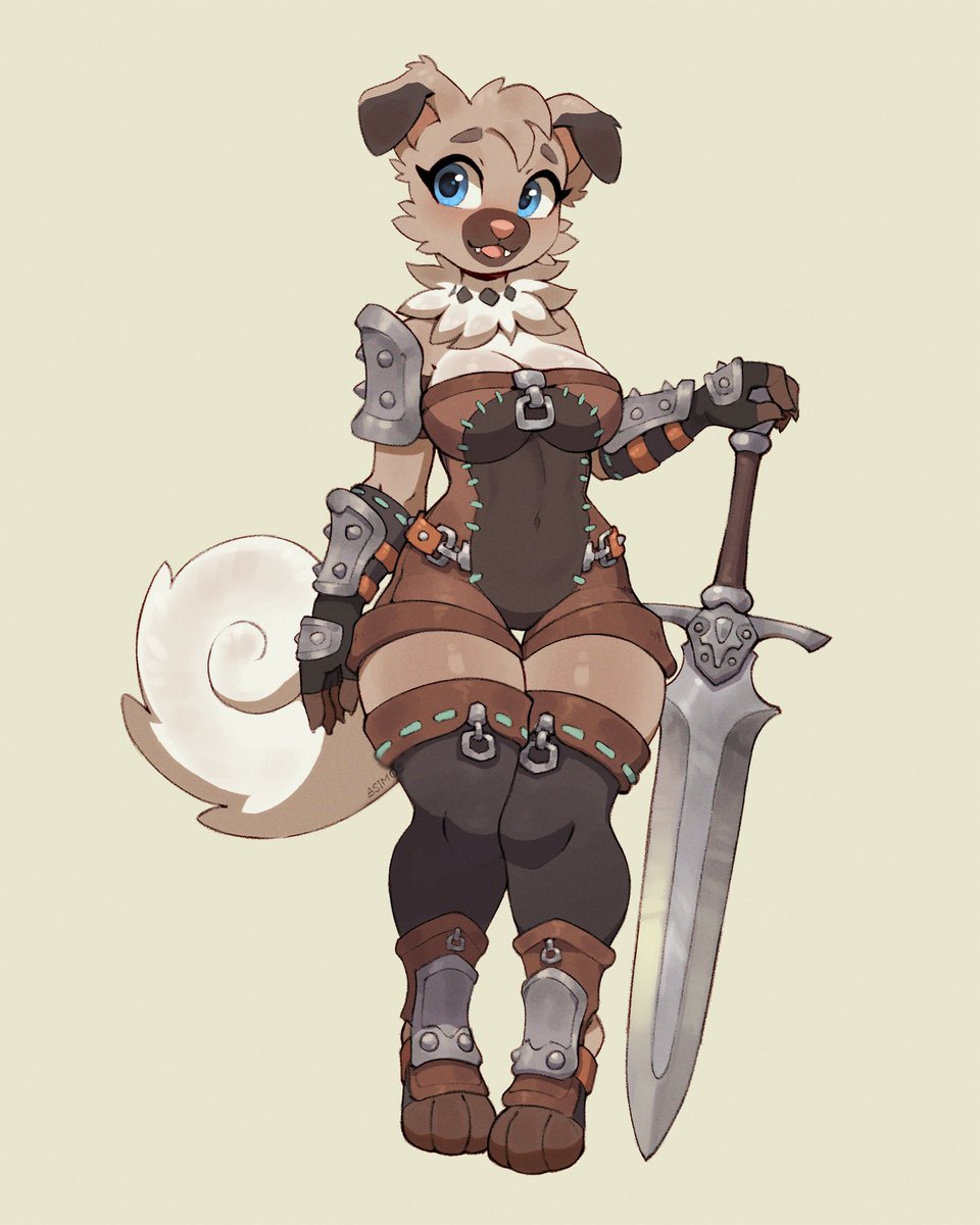 asim0s's tweet photo. Wanted to draw a doggo, wanted to draw a pokegirl, remembered the one combining both =) 
Rockruff fantasy warrior lady! She's looking for an owner, info below! https://t.co/BbtUQW3BZw
