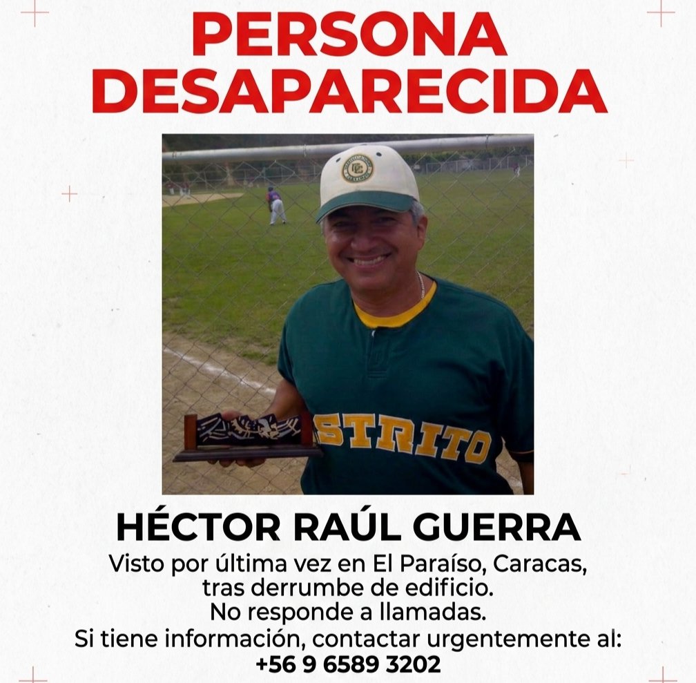 an0n_qwerty's tweet photo. 🆘🇻🇪 ¡AYUDA URGENTE!

​Buscamos a Héctor Raúl Guerra. Su edificio en El Paraíso, Caracas, se derrumbó y no hemos podido comunicarnos con él desde ese día; no responde su teléfono.

​📍 Lugar: El Paraíso, Caracas.
📞 Su familia: +56 9 6589 3202 https://t.co/DkUGMbVMhH