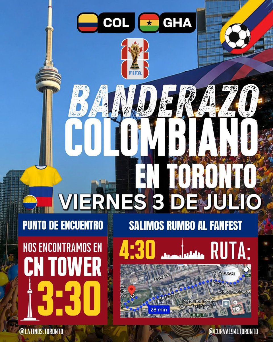 cisf_canada's tweet photo. Banderazo Tricolor🇨🇴 el próximo viernes 3 de Julio en Toronto🇨🇦

FIFA WORLD CUP 2026🇨🇦🇲🇽🇺🇸 https://t.co/mXSx1cPOvz