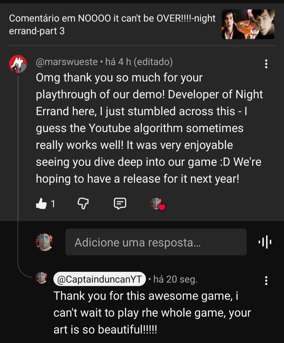 CaptDuncanYT's tweet photo. Omg, the developers commented on my video, that's SO COOL!!!!!!. Go play their game night errand om steam!!!!! https://t.co/4UGYFsGa89