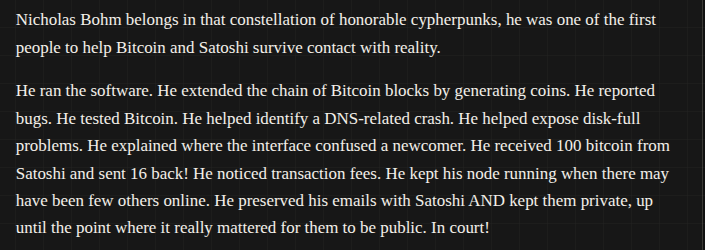 BitcoinScoresby's tweet photo. Do you know the story of Nicholas Bohm?

⚡️ Running a Bitcoin node in January 2009. 
⚡️ Emailing with Satoshi.
⚡️ Helped to prove Craig Wright was not Satoshi.
⚡️ Absolute lad.

https://t.co/oR1tNyGps9 https://t.co/ShupOHz2TH