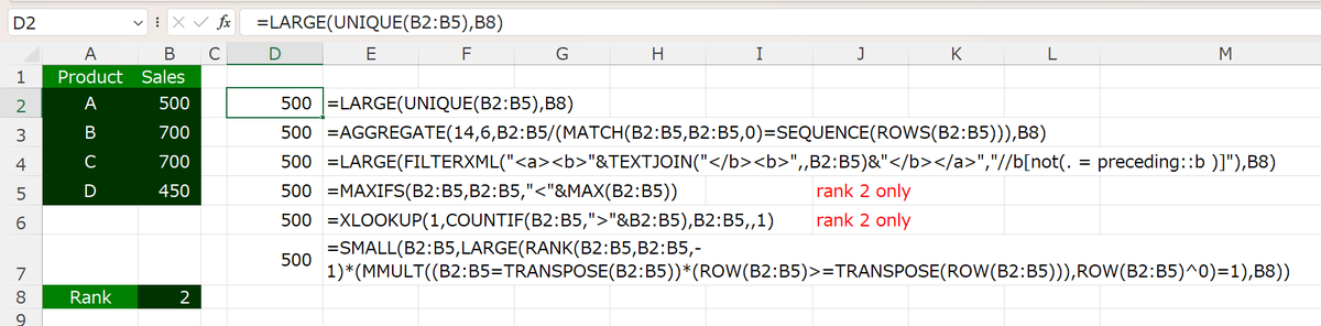mikimomo_as's tweet photo. #エクセルクイズ回答 #ExcelChallenge #Excel
普通のUNIQUE問題だけれど
・UNQIUEをどう代替するか
・UNIQUE処理を入れずに求める方法はあるか
・1位でも3位でもない2位であることを利用した解き方はあるか
・Excel2003までの関数で解く方法はあるか
あたりまで考えるとちょっとおもしろくなる https://t.co/DqkogFRLFb