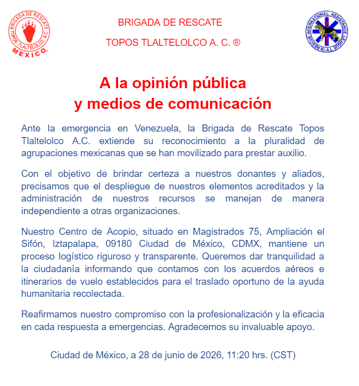 topos's tweet photo. Celebramos que diversos grupos de rescate mexicanos sumen esfuerzos en Venezuela. Por nuestra parte, informamos que las operaciones de la Brigada de Rescate Topos Tlaltelolco A.C. continúan su curso bajo nuestra coordinación institucional.

Nuestro Centro de Acopio Oficial en Magistrados 75 seguirá recibiendo su ayuda. Tenemos los vuelos y la logística de traslado garantizados para asegurar que los suministros lleguen a su destino. Gracias por confiar en nuestro trabajo y organización. Para información veraz, sigan nuestras cuentas oficiales.