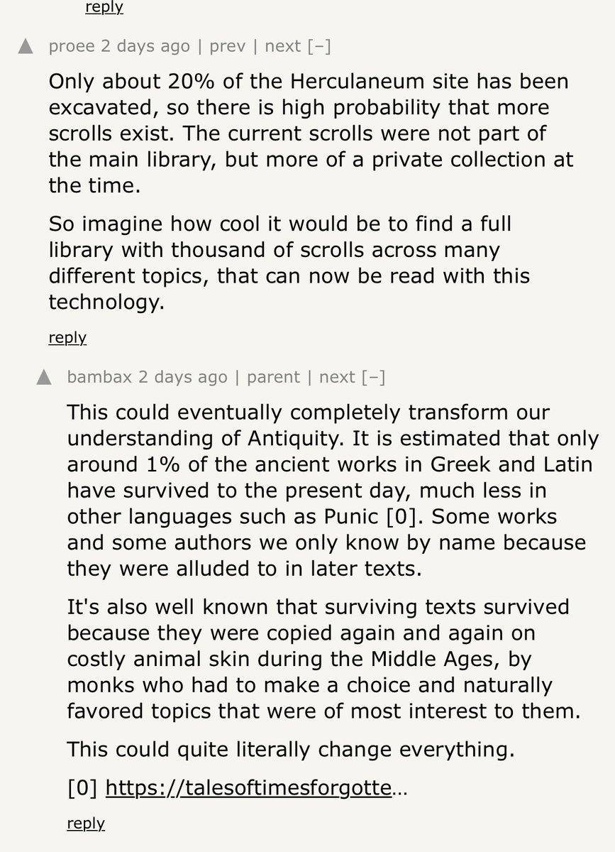 Hughposting's tweet photo. From a Q&amp;A with a computer scientist on the vesuvius challenge team, who worked on the segmentation, unwrapping, and ink detection:

TLDR: There are thousands of unexcavated scrolls still underground. Funds are limited, and they could use more financial support. https://t.co/XyeSPUDVV3