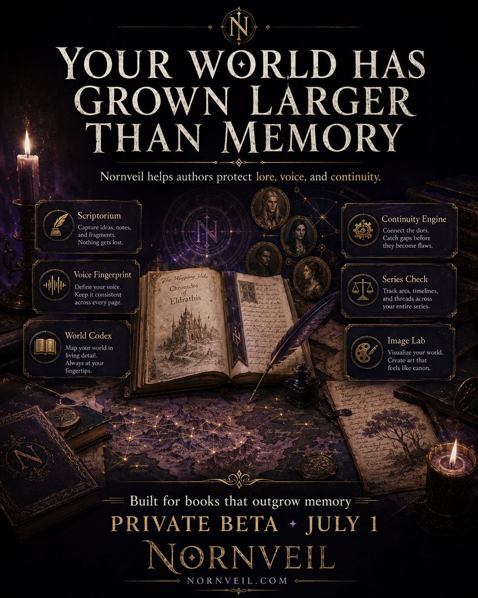 nornveil's tweet photo. Your world deserves more than scattered notes.

Nornveil keeps your writing, lore, continuity, and voice together—so you can focus on the story.

Built for books that outgrow memory.

Private Beta • July 1
https://t.co/o5z1LuYjFB
#AmWriting #FantasyWriters #Worldbuilding https://t.co/NBCOSgVfOn