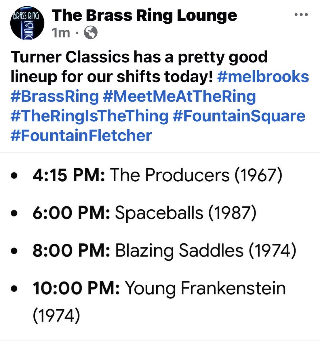 brassringlounge's tweet photo. Turner Classics has a pretty good lineup for our shifts today! #melbrooks #BrassRing #MeetMeAtTheRing #TheRingIsTheThing #FountainSquare #FountainFletcher https://t.co/YjshLLreDF