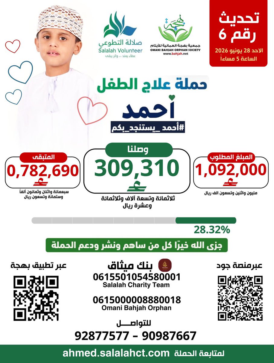 suhail8020's tweet photo. ظفار هبّت… وما أدراك إذا هبّت ظفار.
هبّةٌ عرفها الجميع بالعطاء، والتكافل، والوقوف مع المحتاج. واليوم موعدٌ جديد لتجسيد هذه القيم الأصيلة؛ فكل ريال، وكل مشاركة، وكل دعاء، يقرّب الطفل أحمد من رحلة العلاج.
فلنجعل من هبّة ظفار رسالة أمل ومن تكاتف أهلها قصة تُروى عن الوفاء والإنسانية.
#أحمد_يستنجد_بكم 🤍
#ظفار_تلبي_النداء