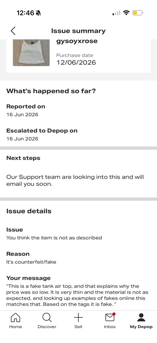 natsxck's tweet photo. @depop I have been waiting for a response from the Depop support team for almost two weeks regarding this fake tank air top that I got! They have not said anything. I paid full price for this fake low quality top and I just want a refund, but this seller is still active too! https://t.co/JuXkmIzrTU
