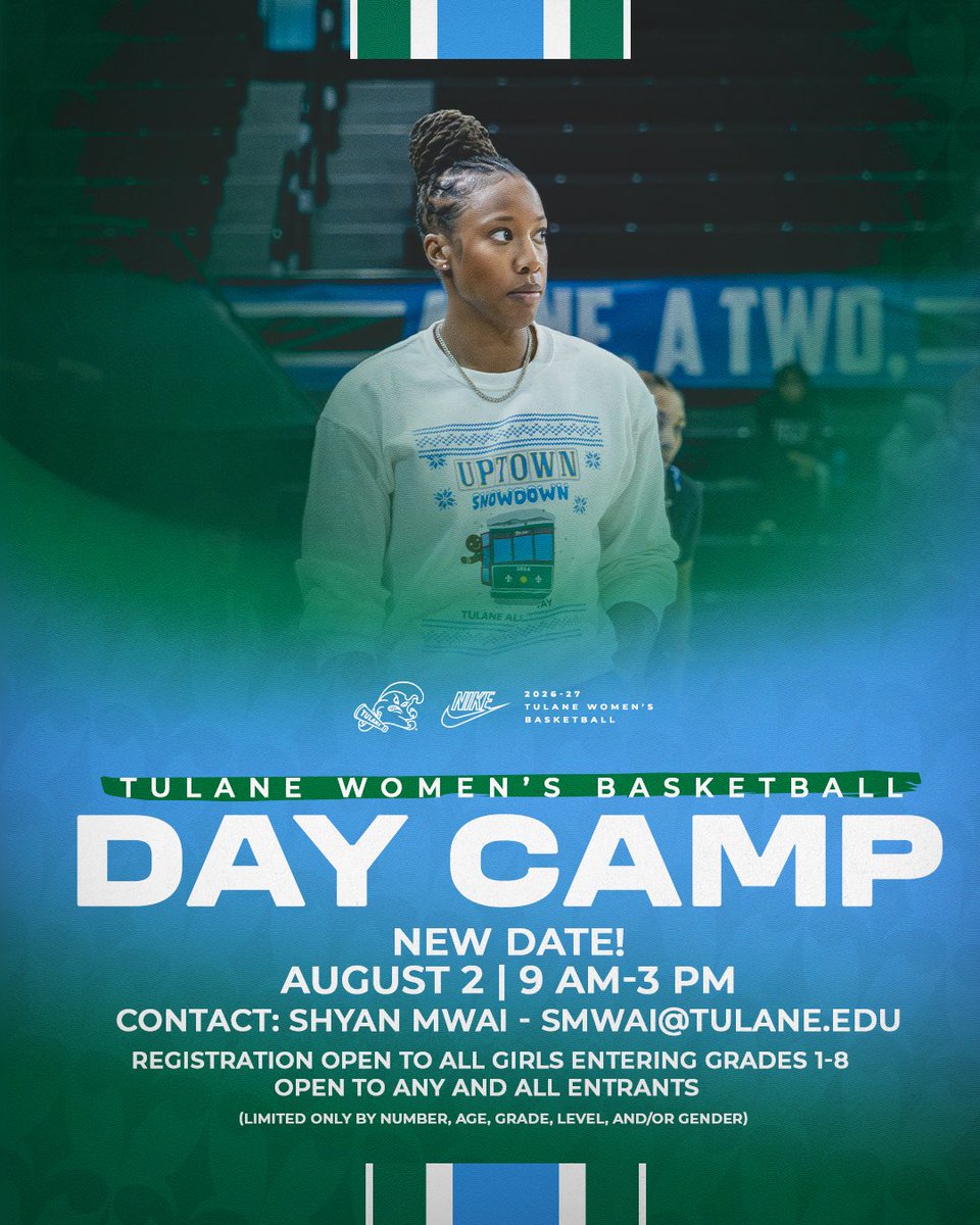 GreenWaveWBB's tweet photo. 🚨 ATTENTION: New date for the Tulane Women’s Basketball Day Camp is August 2❗️

Be there at Avron B. Fogelman Arena in the Devlin Fieldhouse! For more info and to sign up, visit https://t.co/f5H7Ogtetq

#RollWave🌊 https://t.co/FKHUckyyj8