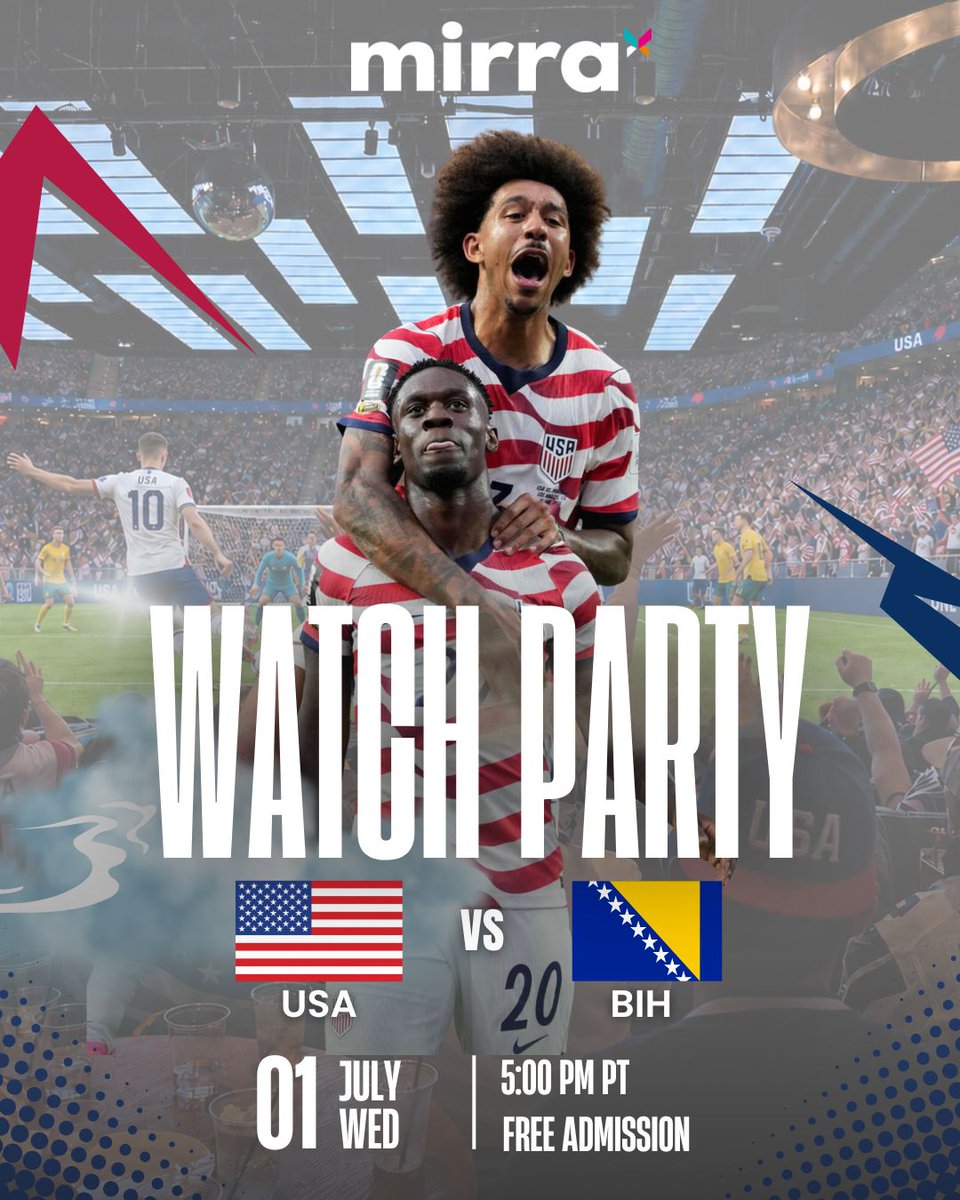 VisitMIRRA's tweet photo. ⚽🏆 The knockout stage is here, and it’s Match Day at Mirra!

🇺🇸USA takes on Bosnia &amp; Herzegovina, and we’re bringing the energy to the biggest screen.

🎟️ FREE admission
🅿️ Free parking with validation
🪑 No reservations needed. Seating is first-come, first-served. https://t.co/BnnD9qaC5R