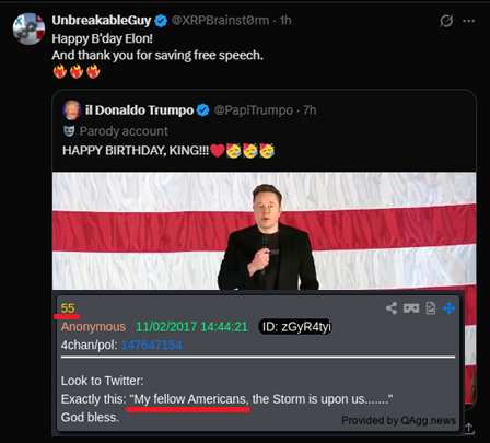 XRPBrainst0rm's tweet photo. Elon is 55 <> Q Drop 55
@papitrumpo HAPPY BIRTHDAY, KING 

HAPPY BIRTHDAY, KING is equal to 'My Fellow Americans' in simple Gematria
Q Drop 55 Timestamp 11/02 which is in 127 days <> Pear harbor 

HAPPY BIRTHDAY KING <> Christ is King
Christ is born on Christmas day <> Christmas Comm Day 1 <> 6/28

👇Hillary Clinton is 5 foot 5 (55)
https://t.co/KZBPus8XOq

Cake comms <> Layer cake <> Flare Network <> Songbird 
Yellow Cake <> Nuclear
👇
https://t.co/XUDA87WXaH

👇JB Grim Reaper
https://t.co/r08LsoEUOV
👇Maye Musk "moon base"
https://t.co/HRhL6PsASz

👇Elon's birthday <>  144
https://t.co/8IZIzKVhW7

@Susieq1007 
@pinkslice117