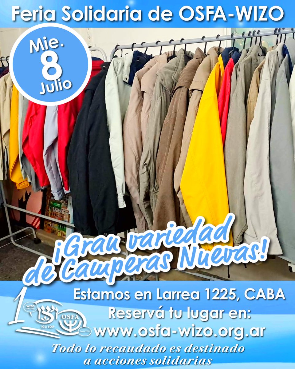 osfawizo's tweet photo. ¡Te esperamos en nuestra Feria Solidaria!
Miércoles, 8 de Julio de 13:30 a 17:30 hs.
Reserva tu lugar aquí: https://t.co/K4Y9FEF1A3
Todo lo recaudado es destinado a acciones solidarias.
Por más información comunicate por WhatsApp al: 11-3108-3125. https://t.co/6m4APJeXLl