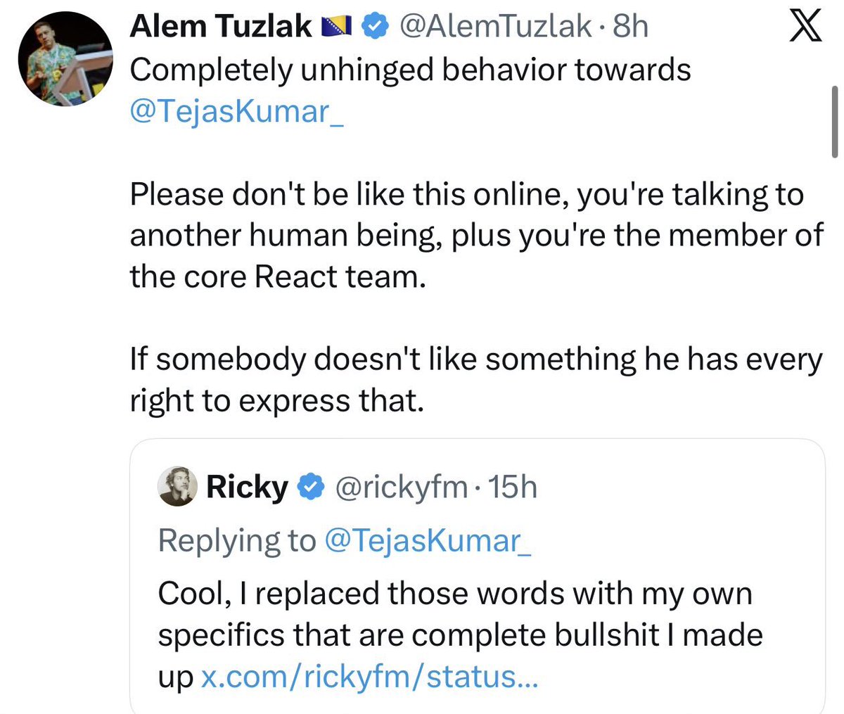 AdamRackis's tweet photo. Why did the one React Core team member who decided to stay on Twitter and do DevRel also have to be the one core team member who’s a raging fucking asshole lmfao can we get Dan back??? https://t.co/b9Vr5I3SZS