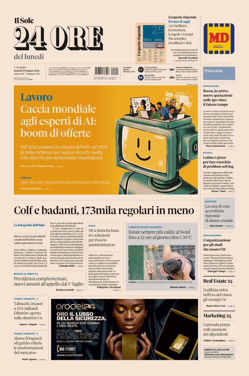 sole24ore's tweet photo. Sulla prima pagina del #Sole24Ore di oggi, lunedì #29giugno: colf e badanti, 173mila regolari in meno. #Lavoro, caccia mondiale agli esperti di AI: boom di offerte. #Estate sempre più calda: al Nord fino a 12 ore al giorno oltre i 30°C. #buonalettura #primapagina https://t.co/09Fsv5JDko