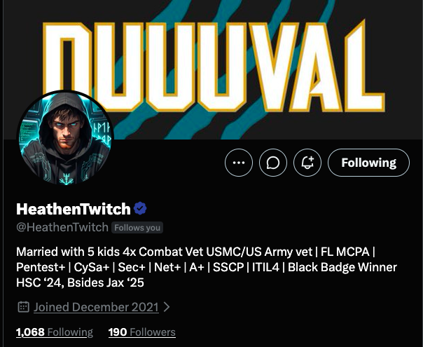JayJosephVet's tweet photo. A USMC/Army Veteran is looking to expand their support system and connect with more friends:

@HeathenTwitch 

Let's come together and make a difference in their journey! https://t.co/tjpNMhhLEz