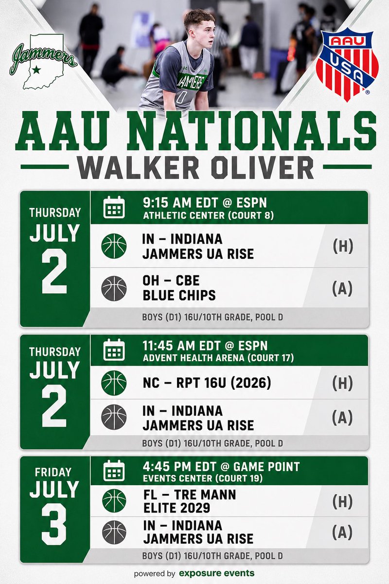 walkmanoliver11's tweet photo. Schedule for the week at AAU Nationals 
Orlando, Florida
Indiana Jammers 16u UA Rise
Walker Oliver #0 https://t.co/kHW6Nbaiee