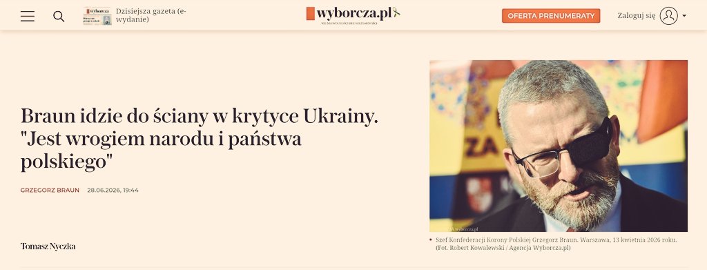 Slawomir_Ozdyk's tweet photo. 🟥 "Piątka dla Ukraińców" według posła @GrzegorzBraun_:

1. Uhonorowanie ks. Tadeusza Isakowicza-Zaleskiego: pośmiertne nadanie duchownemu Orderu Orła Białego odesłanego przez Wołodymyra Zełenskiego i przekazanie odznaczenia jego spadkobiercom.

2. Wstrzymanie wsparcia wojskowego dla Ukrainy: zakończenie przekazywania na Ukrainę broni, amunicji oraz sprzętu wojskowego; poddanie lotniska Rzeszów–Jasionka natychmiastowemu przeglądowi, remontowi i konserwacji w związku z jego rolą w obsłudze w/w dostaw.

3. Przywrócenie penalizacji służby w obcej armii: zamknięcie możliwości podejmowania przez obywateli polskich służby w zagranicznych formacjach wojskowych, w szczególności w armii ukraińskiej.

4. Wprowadzenie "lojalki antybanderowskiej": objęcie obowiązkiem złożenia deklaracji wszystkich obywateli Ukrainy przebywających na terytorium RP – "od żłobka do nagrobka", również w odniesieniu do osób już posiadających prawo pobytu lub obywatelstwo polskie.

5. Ograniczenie szczególnych rozwiązań migracyjnych dla obywateli Ukrainy: weryfikacja decyzji dotyczących nadania obywatelstwa, prawa pobytu i prawa do pracy oraz możliwość uznania części z nich za wydane niezgodnie z prawem.

👇
https://t.co/6pJOjtKkdv