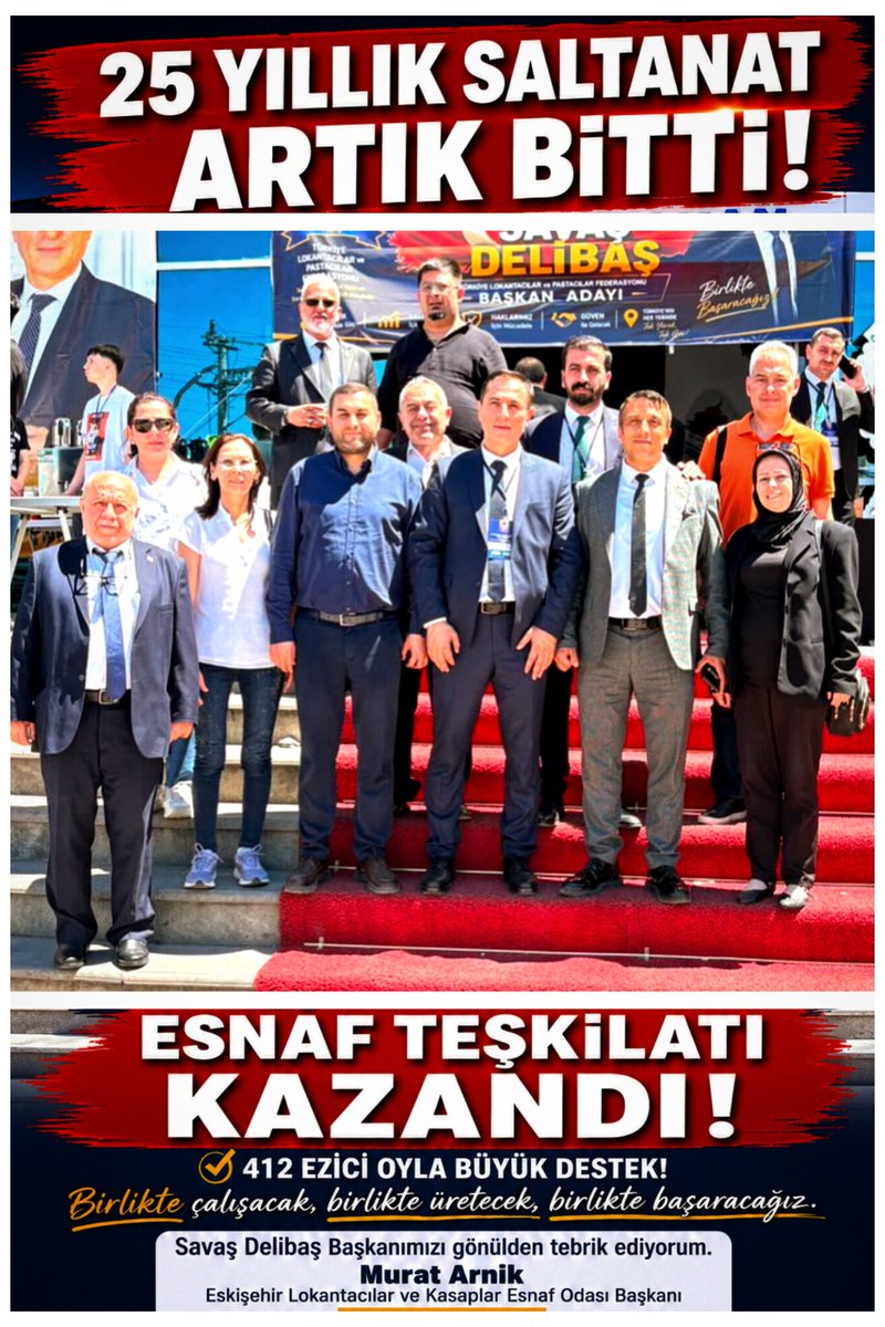 murat_arnik's tweet photo. 📌25 YILLIK SALTANAT ARTIK BİTTİ..
◼️AKLIN YOLU BİR… 
◼️DEĞİŞİM KAZANDI
📌ESNAF TEŞKİLATI KAZANDI!
Bugün sandığın verdiği mesaj çok netti: "DEĞİŞİM."

◼️Türkiye Lokantacılar ve Pastacılar Federasyonu Olağanüstü Genel Kurulu'nda 412 ezici bir oyla büyük bir destek alarak Genel Başkan seçilen Savaş Delibaş Başkanımızı gönülden tebrik ediyorum.
◼️ Savaş Delibaş Başkanımız ile #Aynı #yönetim #listesinde #yer #almaktan #büyük bir #onur ve #gurur #duyuyorum. Şahsıma tevdi edilen bu önemli sorumluluğu; esnaf ve sanatkârlarımızın haklarını korumak, sektörümüzün gelişimine katkı sunmak ve teşkilatımızın daha da güçlenmesi için azimle yerine getireceğim.

◼️Esnafımızın beklentilerine cevap veren bu güçlü iradenin, federasyonumuz için yeni bir dönemin başlangıcı olacağına yürekten inanıyorum.

◼️Başta Genel Başkanımız Savaş Delibaş olmak üzere Yönetim Kurulu üyelerimize  bizlere güvenen, inanan ve destek veren tüm oda başkanlarımıza, delegelerimize ve büyük esnaf teşkilatımıza gönülden teşekkür ediyorum.

◼️Birlikte çalışacak, birlikte üretecek ve birlikte başaracağız.

Murat Arnik 
Eskişehir Lokantacılar ve Kasaplar Esnaf Odası Başkanı
