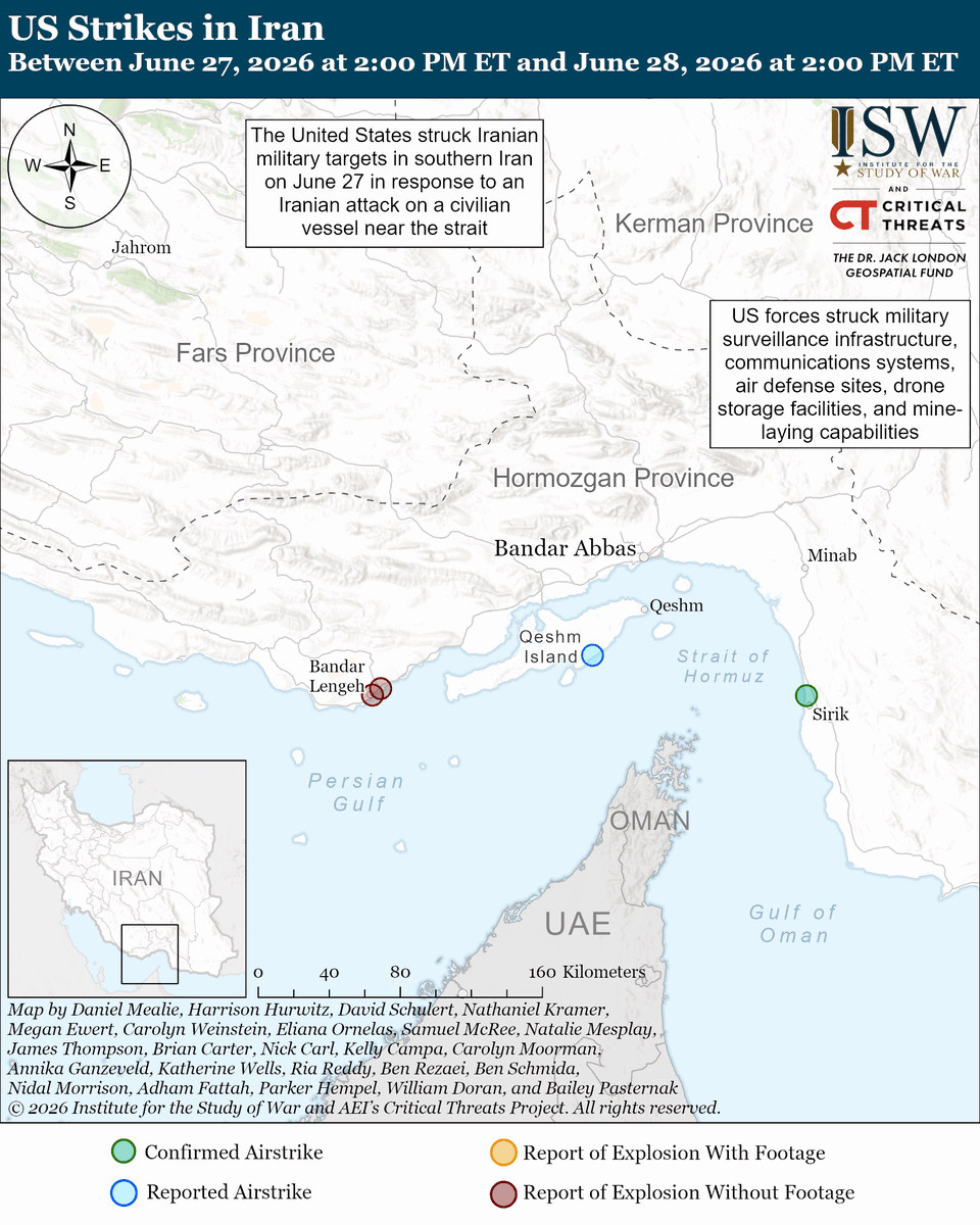 TheStudyofWar's tweet photo. NEW: Iran has continued to attack US forces in the region to try to deter the United States from undermining Iranian efforts to control the Strait of Hormuz. An Iranian drone struck the Panama-flagged M/T Kiku on June 27. US military aircraft targeted Iranian military surveillance infrastructure, communications systems, air defense sites, drone storage facilities, and mine-laying capabilities in response. The IRGC launched drone and ballistic missile attacks targeting the US Fifth Fleet Naval Base in Bahrain and the Ali Al Salem Airbase in Kuwait on June 28.

Other Key Takeaways:

Iran’s strikes may reflect an Iranian effort to dissuade the Gulf states from resisting Iranian control over the strait. Iran may have intended for its strikes to signal to Gulf states that Iran will respond with force to any Gulf opposition to its control of the strait, amid recent Gulf resistance to this Iranian effort. Iranian media and officials have adopted a harsher tone toward Gulf countries in recent days, likely in response to these countries’ opposition to Iranian management of the strait. 

Iran is threatening to suspend negotiations as part of its efforts to deter the United States from challenging Iranian sovereignty over the strait. The IRGC Navy stated on June 27 that US strikes on Iran violated the ceasefire and “will result in the complete halt of all diplomatic processes.”

The Israeli government confirmed the locations of two “pilot zones” where the Lebanese Armed Forces (LAF) will backfill the Israel Defense Forces (IDF) in southern Lebanon as part of the June 26 trilateral framework agreement. Both of the announced pilot zones lie beyond the IDF’s “anti-tank line,” which would likely reduce the risk of Hezbollah launching attacks on Israeli territory from those zones following the IDF’s withdrawal.