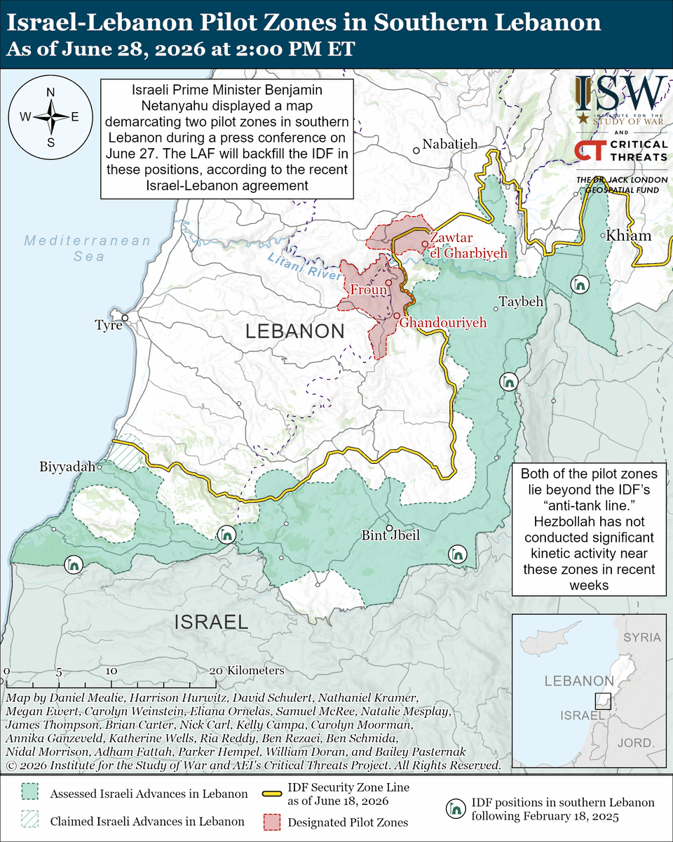 TheStudyofWar's tweet photo. NEW: Iran has continued to attack US forces in the region to try to deter the United States from undermining Iranian efforts to control the Strait of Hormuz. An Iranian drone struck the Panama-flagged M/T Kiku on June 27. US military aircraft targeted Iranian military surveillance infrastructure, communications systems, air defense sites, drone storage facilities, and mine-laying capabilities in response. The IRGC launched drone and ballistic missile attacks targeting the US Fifth Fleet Naval Base in Bahrain and the Ali Al Salem Airbase in Kuwait on June 28.

Other Key Takeaways:

Iran’s strikes may reflect an Iranian effort to dissuade the Gulf states from resisting Iranian control over the strait. Iran may have intended for its strikes to signal to Gulf states that Iran will respond with force to any Gulf opposition to its control of the strait, amid recent Gulf resistance to this Iranian effort. Iranian media and officials have adopted a harsher tone toward Gulf countries in recent days, likely in response to these countries’ opposition to Iranian management of the strait. 

Iran is threatening to suspend negotiations as part of its efforts to deter the United States from challenging Iranian sovereignty over the strait. The IRGC Navy stated on June 27 that US strikes on Iran violated the ceasefire and “will result in the complete halt of all diplomatic processes.”

The Israeli government confirmed the locations of two “pilot zones” where the Lebanese Armed Forces (LAF) will backfill the Israel Defense Forces (IDF) in southern Lebanon as part of the June 26 trilateral framework agreement. Both of the announced pilot zones lie beyond the IDF’s “anti-tank line,” which would likely reduce the risk of Hezbollah launching attacks on Israeli territory from those zones following the IDF’s withdrawal.