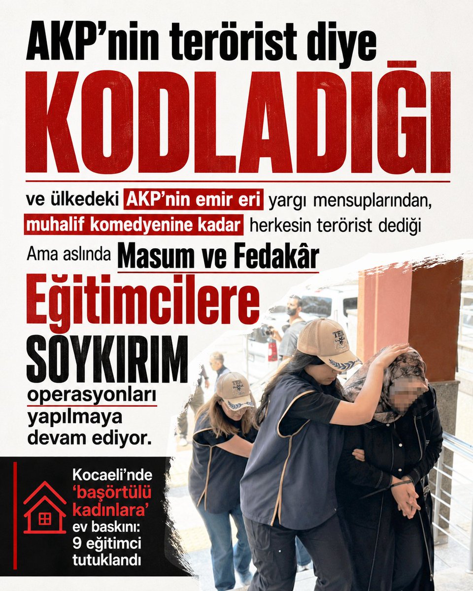 khkadaletp's tweet photo. Kocaeli’de yapılan ev baskınlarında, aralarında başörtülü kadınların da bulunduğu 9 eğitimcinin tutuklandığı bildirildi.

Yıllarca öğrencilerine emek veren, eğitim faaliyetleriyle tanınan insanların “terör” yaftasıyla hedef alınması, Türkiye’de hukuk devleti ilkesinin geldiği noktayı bir kez daha gözler önüne serdi.

AİHM’in birçok kararında suç sayılamayacağını vurguladığı fiiller üzerinden insanların özgürlüğünden mahrum bırakılması; yalnızca bireysel bir mağduriyet değil, aileleri, çocukları ve toplumun vicdanını da yaralayan ağır bir hak ihlalidir.

Bugün yaşananlar, masum ve fedakâr eğitimcilere yönelik sistematik baskı politikasının devam ettiğini gösteriyor. Ev baskınları, gözaltılar ve tutuklamalarla insanların hayatları altüst ediliyor; çocuklar anne-babalarından koparılıyor, aileler cezalandırılıyor.

Hukuk, intikam aracı olamaz.
Eğitimciler terörist değildir.
Masum insanlar özgürlüğüne kavuşmalıdır.
Kocaeli’de tutuklanan 9 eğitimci derhal serbest bırakılsın.

#Kocaeli
#BaşörtülüKadınlar
#EğitimcilerTutuklandı
#MasumEğitimciler
#HukukDevleti
#AİHM
#AYM
#İnsanHakları
#Adalet
#Özgürlük
#Cezaevi
#EvBaskını
#Hakİhlali
#KadınHakları
#ÇocukHakları
#ZulmeSessizKalma