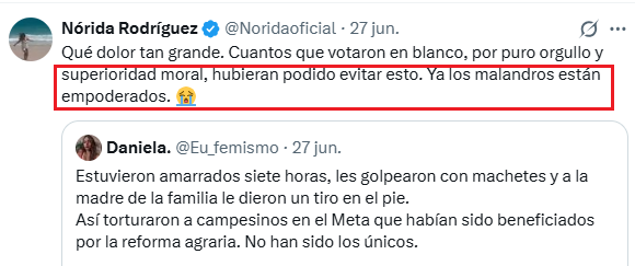 isamg6's tweet photo. Eduquemos a algunos artistas:

El dinero que ganó la señora Nórida en el Gobierno Petro le nubló los ojos.

Justo hace 2 días los malandros que empoderó su jefe Petro, cometieron la masacre 67 en lo que va de 2026.

Los malandros pasaron de tener presencia en 195 municipios en 2019, a 518 municipios en 2025.

Gracias a la 'Paz total', hoy tenemos en promedio 27.000 malandros que no juegan con pistolitas de agua.

Entonces ahora la culpa es del presidente Abelardo que aún no se ha posesionado, ¡Sinvergüenzas!