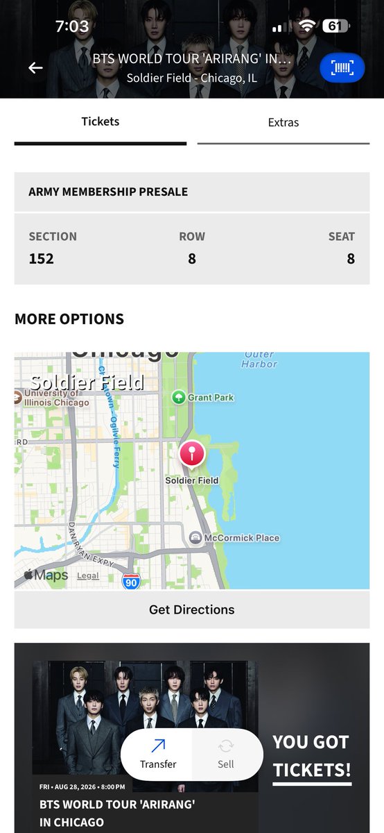 bensonjulz's tweet photo. WTS 1 ticket to BTS ‘ARIRANG’ World Tour Chicago Day 2

Fri · Aug 28, 2026 · 8:00 PM
￼
Soldier Field — Chicago, Illinois
￼
Sec 152, Row 8, Seat 8

$495 (exactly what I paid)

Will provide proof, willing to FaceTime,  PayPal G&amp;S https://t.co/B6f6LZy63g