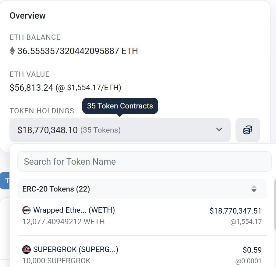SupergrokParody's tweet photo. Following SuperGrok's Etherscan verification, we have airdropped around 3.5% supply to over 3500 of the largest whales, smart traders and OG wallets on Ethereum!

Thats 10,000 SuperGrok each to every single onchain millionaire ETH wallet, every wallet holding 6 figures of any memecoin, and the top holders of every established memecoin trading above $1m marketcap!

A total of 3.5% supply, in the hands of the biggest holders in existence - essentially acting as burned supply until we are many multiple marketcap from where we are now. 

$SuperGrok is now firmly in the shop window of every serious ETH investor.
As we pump, more whales will begin to take note of the growing SuperGrok in their wallets and naturally, this will have a longterm discovery effect for the token.

If you recieved an airdrop, we look forward to welcoming you at this early stage of our growing community!