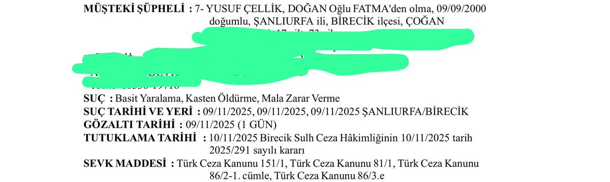 pdcellik's tweet photo. @Guneydogu_TV 9 Kasım 2025 tarihinde Şanlıurfa Birecikte Cergibozanlar önünde yiğenim Erol çellik i bıçaklayarak öldürdüler iddanamemiz kabul edildi. Yusuf Çellike müebbet hapis isteniyor ilk mahkeme 7 Temmuz 2026 14.00 Birecik Ağır ceza mahkemesinde görülecek. https://t.co/tjtPgF1TAi