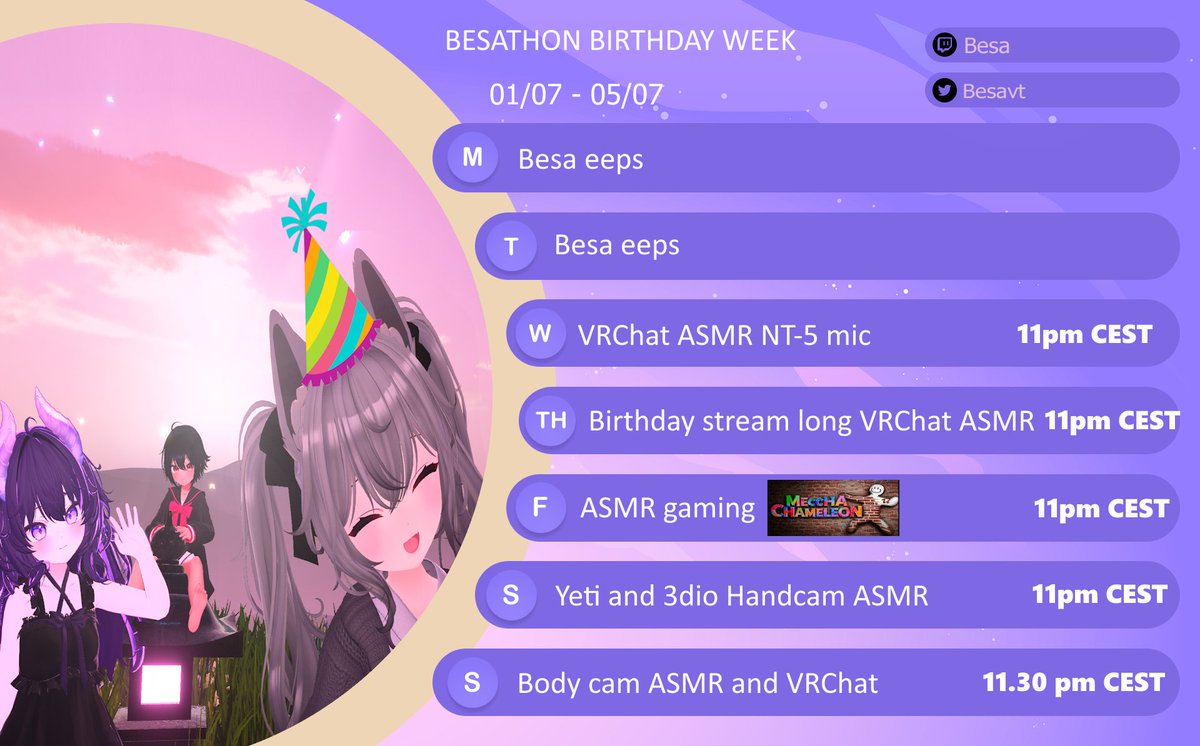 Besavt's tweet photo. Schedule for next week when I'll host my first ever Donothon! on thursday it will also be my birthday so I'll do a longer stream too! there are fun small goals and some stretch goals, hope you'll have fun! https://t.co/PaEOO3jOBL