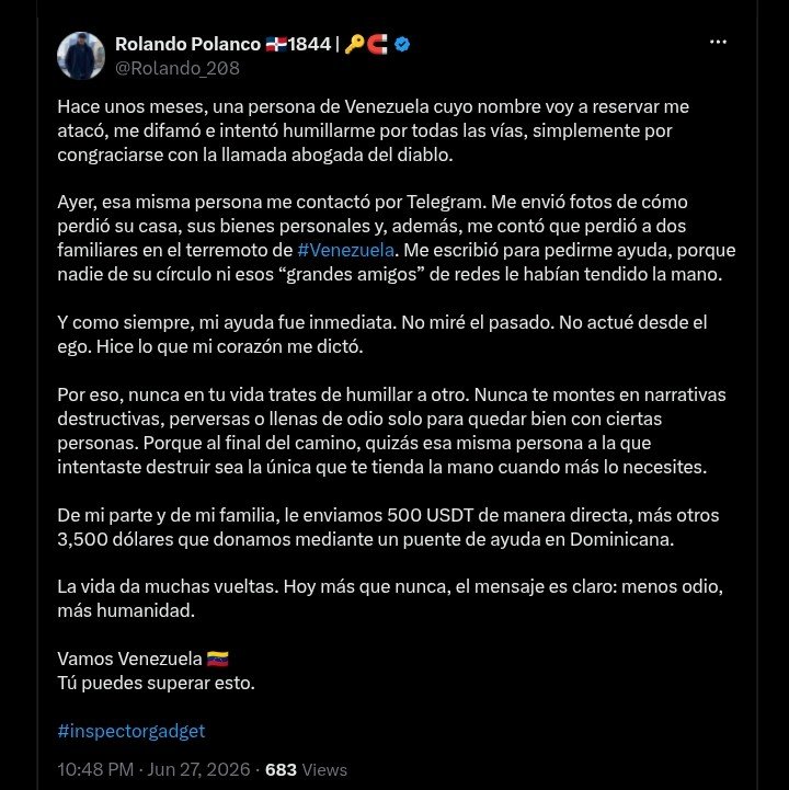CiscoCANFT's tweet photo. Que tan bajo puedes caer, @Rolando_208 ?
Aprovechar la peor tragedia de la historia de mi paรญs para intentar promocionarte como "hรฉroe" ya serรญa ruin incluso si tu historia fuera cierta...
Como veo que cierras con #Inspectorgadget , uno de los motes que destinas para mรญ, me obligas a dementirte: No le he pedido ayuda ni a ti ni a nadie, incluso he rechazado la que me ha ofrecido la gente con quien colaboro, ya que soy de los afortunados que no la necesitan, pero incluso si lo necesitara, jamรกs tocarรญa tu dinero malhabido, producto de estafas
Mentir de este modo, sobre una situaciรณn tan delicada, te pone a nivel de las peores basuras, eres un asco
