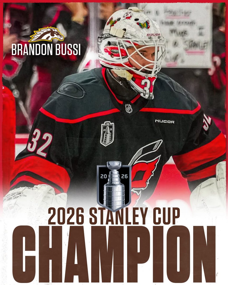 wmualumni's tweet photo. From @WMUHockey goalie to Stanley Cup Champion, Brandon Bussi caps off the season with a 22-save shutout for the Carolina Hurricanes (@canes), becoming just the third rookie goalie in NHL history to record a Stanley Cup-clinching shutout during their first season. 

We are so proud to see our Broncos make their mark on the biggest stage! Congratulations, Brandon!💛