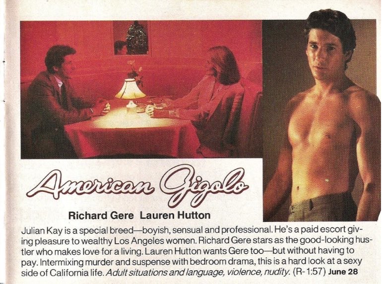ClassicHBOGuide's tweet photo. Premiering today on @HBO in 1981 - Richard Gere is the AMERICAN GIGOLO, written &amp; directed by Paul Schrader - guide ads, #laserdisc back, a page from a @FilmComment article #1980s #cinema https://t.co/UDW4PaKdVz