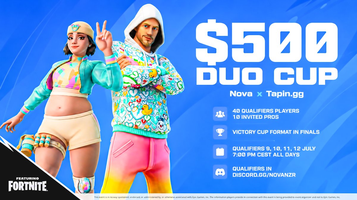 Novapractice_'s tweet photo. Nova $500 Duo Cup!   🏆

- Qualifiers in Nova No Zone Rules
- All information in the discord!  
- 4 open Qualifiers: 9,10,11,12 July 7:00 PM CEST
- Top 10 in every qualifying round

40 Teams from Qualifiers and 10 Invited pros - who wants to get invite?? 👀 https://t.co/P9KnnnfOkg