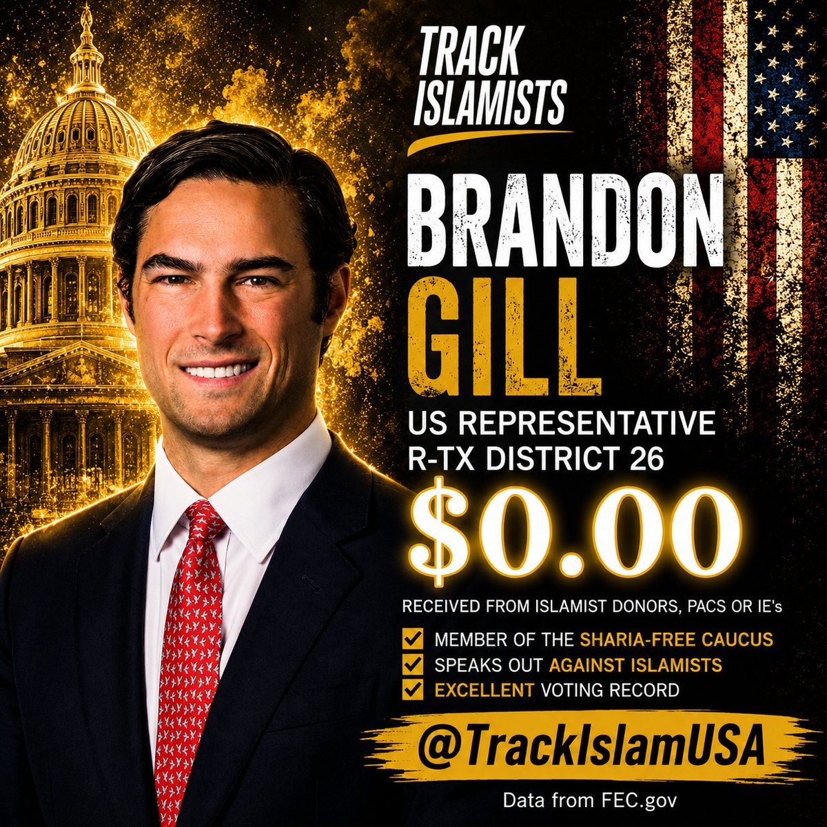 TrackIslamUSA's tweet photo. Texas District 26 US Representative Brandon Gill has PASSED the Track Islamists multi-part audit system. Congratulations! https://t.co/Qo4AHNiKg3