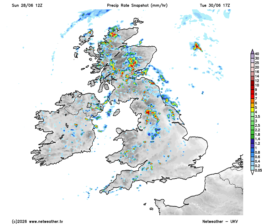 oliverek7's tweet photo. #ukweather A more typical day of thundery showers is anticipated across much of the northern half of the UK on Tuesday (30/06) with a classic cold-core setup. Focal areas for activity appear most likely to be in two corridors, one across N/C Scotland (A) and one for N England (B) - perhaps Lancashire/Yorkshire focused.
A: Closest to the core of the upper cold pool with ample lift from the cyclonic vorticity maximum of the shortwave trough + orographic lift over the highlands.
B: Curvature- and shear-induced PVA aloft just north of the associated jet streak, together with ascent within its left-exit region. Stronger deep-layer shear relative to area A helping with cell organisation here.
Generally pulse-type convection expected to dominate the setup. Widespread development of showers may promote occasional cell mergers and thus locally more frequent lightning in places. 
May post a convective outlook tomorrow for this activity (although I am currently on holiday so no promises)