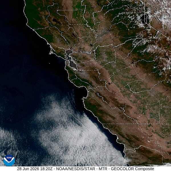 A satellite image of the Bay Area and Central Coast at 11:20 AM, showing clear skies across the region.