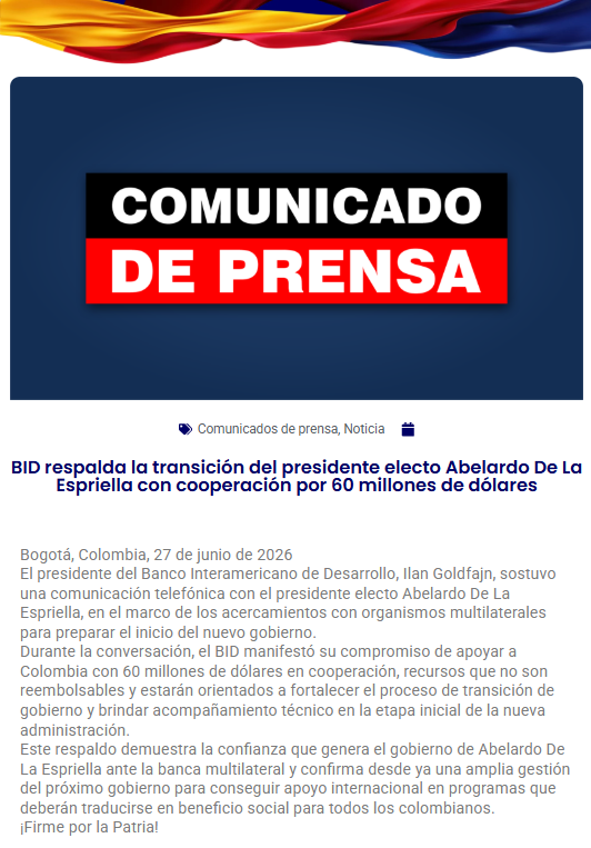 igoldfajn's tweet photo. Gran conversación con el presidente electo @ABDELAESPRIELLA para felicitarlo por su elección.

Conversamos sobre su visión para Colombia y el rol que el Grupo @el_BID puede desempeñar para apoyar al nuevo gobierno mediante financiamiento, asistencia técnica y más.

Trabajaremos junto al nuevo gobierno para mejorar las vidas de los colombianos. Lee más: https://t.co/qZ3EUzR7TP
-----
Great conversation with President-elect Abelardo De La Espriella to congratulate him on the election.

We discussed his vision for Colombia and how @the_IDB Group can support the new government through financing, technical assistance and more. 

We look forward to working together with the new government to improve the lives of the Colombian people. Read more: https://t.co/qZ3EUzR7TP
-----
Ótima conversa com o Presidente eleito Abelardo De La Espriella para felicitá-lo pela sua eleição.

Conversamos sobre sua visão para a Colômbia e o papel que o Grupo @BIDbr pode desempenhar no apoio ao novo governo por meio de financiamento, assistência técnica e muito mais.

Trabalharemos em conjunto com o novo governo para melhorar a vida do povo colombiano.
